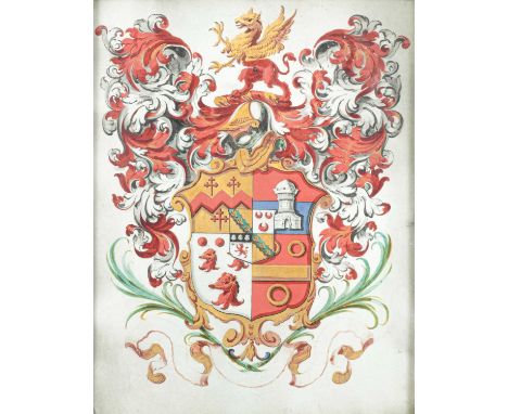 A fine early 18th Century achievement of arms with the quarterly arms of Sandys with Tipping quarterly in pretence, beneath t