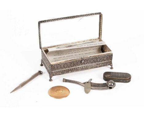 An interesting group of sundries, including a niello snuff box, two silver propelling pencils, a white metal bosun’s whistle 