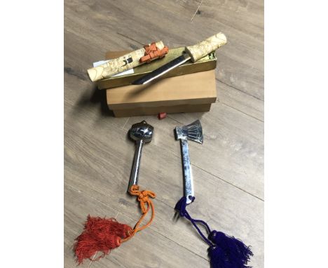 COMMEMORATIVE LAUNCHING AXE AND MALLET FROM M T WARFA PLUS JAPANESE DAGGER