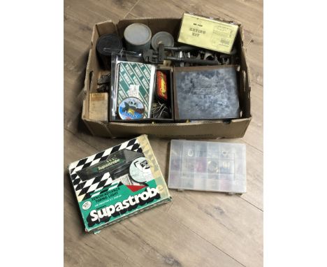2 BOXES CONTAINING MISCELLANEOUS TOOLS INC CLAMPS SUPASTROBE TIMING LIGHT ETC