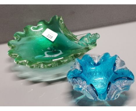 MURANO ART GLASS SOMMERSO BAROVIER GREEN GOLD LEAF SHELL BOWL TOGETHER WITH A SMALLL PINCHED BLUE DISH WITH SILVER LEAF