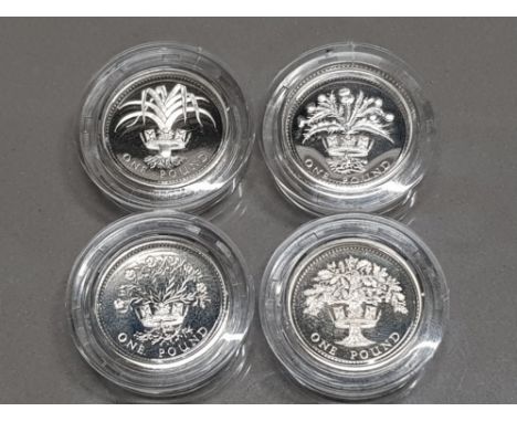 SET OF 4 UK ROYAL MINT 1 POUND SILVER PROOF COINS 1984, 1985, 1986 AND 1987 IN PRESENTATION CASES