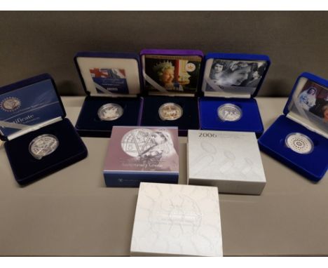 5 UK ROYAL MINT SILVER PROOF 5 POUND COINS 2001 VICTORIAN ANNIVERSARY, 2002 GOLDEN JUBILEE, 2004 ENTENTE CORDIAL, 2006 QUEENS