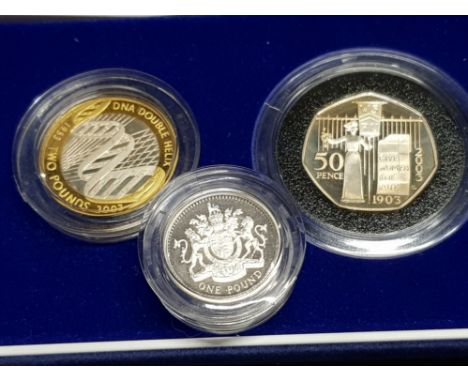 UK ROYAL MINT 2003 SILVER PROOF PIEDFORT THREE COIN COLLECTION (50P WOMAN'S UNION, 1 AND 2 POUND DNA COINS) ALL IN PRESENTATI