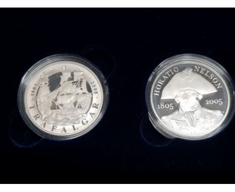 UK ROYAL MINT 2005 5 POUND SILVER PROOF NELSON AND TRAFALGAR 2 COIN SET IN ORIGINAL CASE WITH CERTIFICATE OF AUTHENTICITY