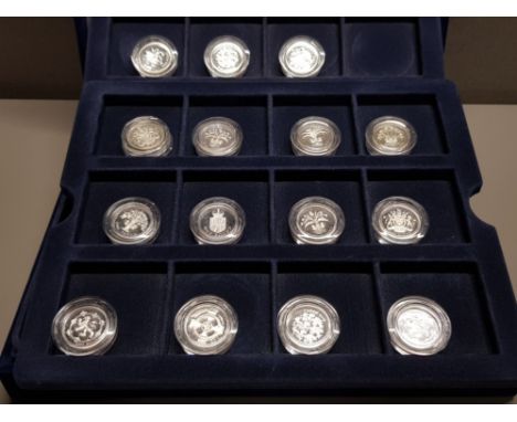 15 UK ROYAL MINT 1 POUND SILVER PROOF COINS 1983 TO 1989 ALSO INCLUDES 1993, 1994, 1996, 1997, 1999, 2000, 2002, 2003 ALL IN 