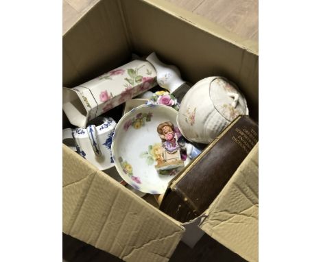 A BOX OF MISCELLANEOUS INC RINGTONS ROYAL WORCESTER AND ROYAL STRATFORD ETC
