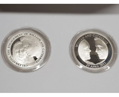 TWO UK ROYAL MINT 2011 ROYAL WEDDING 5 POUND SILVER PROOF COINS FROM ENGLAND AND ALDERNEY HOUSED IN CASE OF ISSUE WITH CERTIF