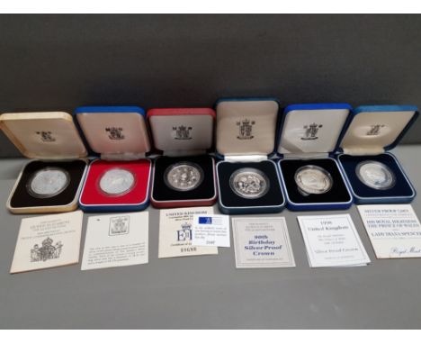 6 UK ROYAL MINT SILVER PROOF 5 POUND CROWNS 1977 JUBILEE, 1980 AND 1990 QUEEN MOTHER, 1981 DIANA WEDDING, 1993 CORONATION, 19