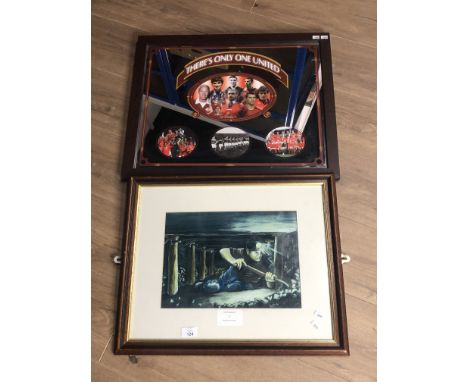 MANCHESTER UNITED THERE IS ONLY ONE UNITED PUB MIRROR TOGETHER WITH FISHBURN ART GROUP PRINT OF A MINER