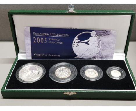 UK ROYAL MINT 2005 BRITANNIA FOUR COIN SILVER PROOF SET ONE OZ, HALF OZ, QUARTER OZ, AND TENTH OZ IN CASE OF ISSUE WITH CERTI