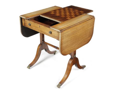 A MAHOGANY SOFA / GAMES TABLE 19TH CENTURY with a sliding reversible chequer board top, revealing an inlaid backgammon board 