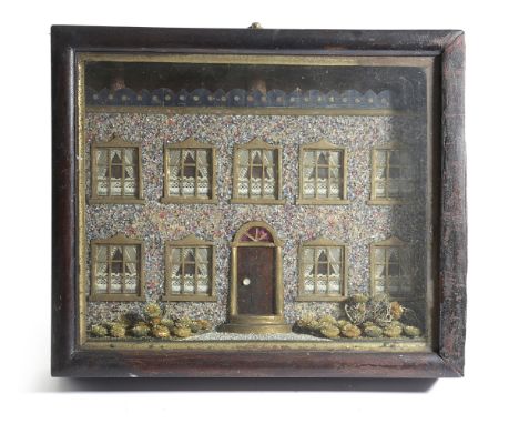 A FOLK ART DIORAMA OF A GEORGIAN HOUSE EARLY 19TH CENTURY with a gilt door and window frames and coloured glass chips to the 