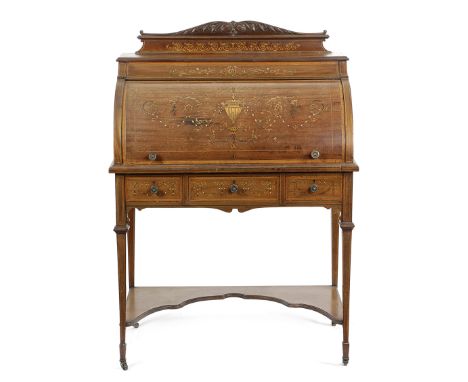 λ AN EDWARDIAN MAHOGANY AND MARQUETRY CYLINDER BUREAU BY MAPLE & CO., EARLY 20TH CENTURY with satinwood banding and inlaid wi