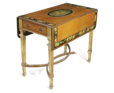 A SATINWOOD AND GILTWOOD PEMBROKE TABLE IN SHERATON STYLE IN THE MANNER OF WRIGHT AND MANSFIELD, C.1860-70 the drop-leaf top 