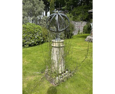 A COPPER AND BRASS ARMILLARY SPHERE BY SHANE O'NEIL, 20TH CENTURY with an arrow and plain flight, with a bell shaped base, on