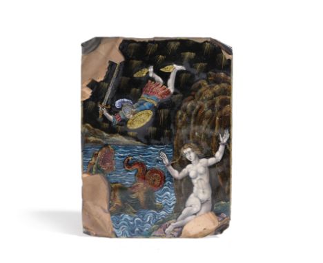 A LIMOGES ENAMEL PLAQUE IN THE MANNER OF PIERRE REYMOND (FRENCH 1513-1589) painted with a scene of Perseus falling on the dra