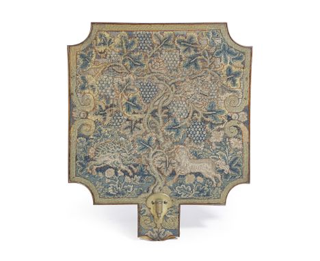 A TAPESTRY NEEDLEWORK WALL SCONCE 18TH CENTURY AND LATER of shaped square form, worked with a unicorn and a porcupine beneath