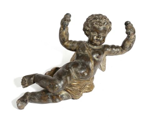 A COMPOSITE WALL LIGHT LATE 19TH / 20TH CENTURY in the form of a cherub, with painted and gilt decoration, holding hooks for 