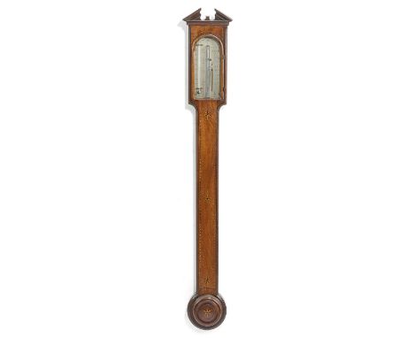 A GEORGE III MAHOGANY AND STAR INLAID STICK BAROMETER LATE 18TH CENTURY the silvered gauge with adjustable vernier scale and 