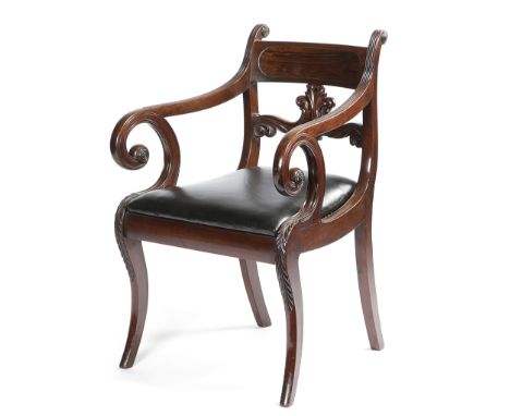 λ A REGENCY MAHOGANY ARMCHAIR EARLY 19TH CENTURY the curved top rail inlaid with brass stringing and a rosewood panel, with s