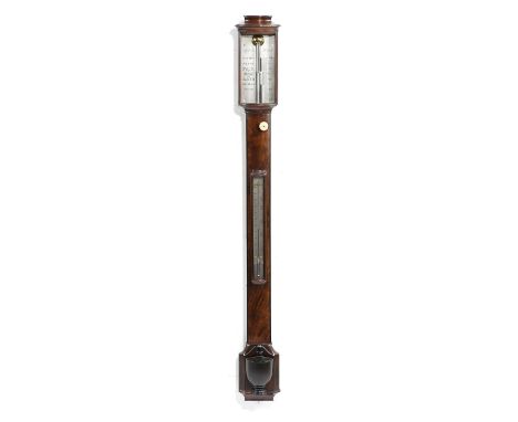 A VICTORIAN MAHOGANY BOWFRONT STICK BAROMETER C.1840 the silvered gauge with vernier scale, inscribed 'A Gilardoni, Bristol',