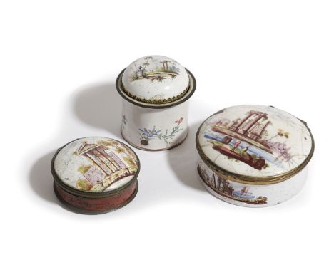 THREE ENAMEL BOXES AND COVERS 19TH CENTURY painted with scenes of classical ruins (3) 8cm diameter (max) Provenance Redlynch 