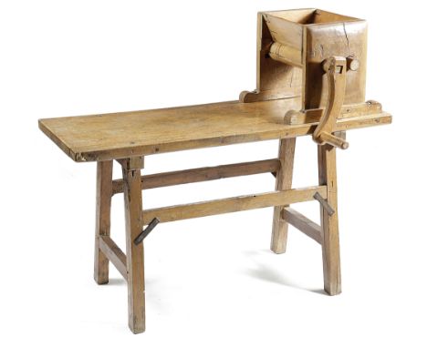 KITCHENALIA INTEREST. AN ELM DOUGH ROLLER 19TH CENTURY with a detachable handle and twin rollers 100cm high, 119.5cm wide, 63
