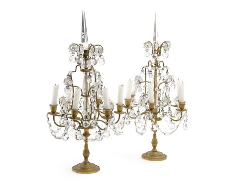 A pair of large gilt brass candelabra on red marble bases, 19th C. - Rob  Michiels Auctions