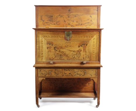 AN ITALIAN CEDAR PINE AND POKERWORK ESCRITOIRE NORTH ITALIAN, LATE 17TH CENTURY the raised back decorated with mythical beast