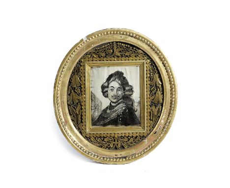 A SILK AND HAIR-WORK PORTRAIT OF A GENTLEMAN LATE 17TH CENTURY AND LATER in a gilt quillwork border and an oval giltwood fram