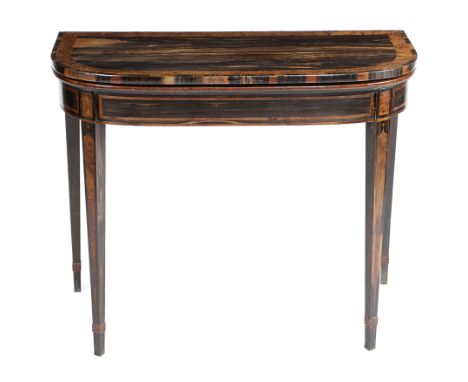 A GEORGE III COROMANDEL CARD TABLE C.1800 with burr-yew banding, the 'D' shape fold- over top revealing a baize lined playing