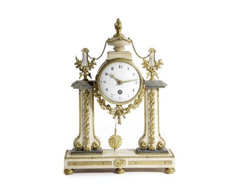 A FRENCH WHITE AND GREY MARBLE AND GILT METAL MOUNTED PORTICO CLOCK FIRST HALF 19TH CENTURY the brass eight day drum movement