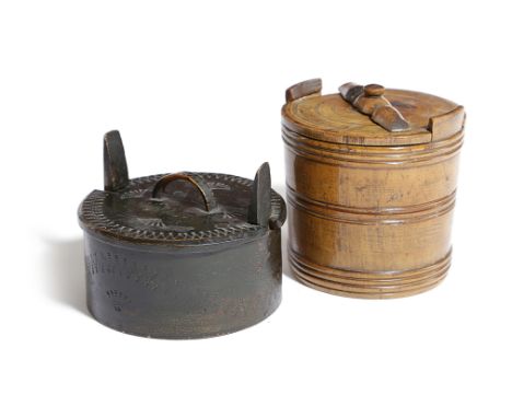A SWEDISH TREEN BIRCH BUTTER TUB AND COVER MID-19TH CENTURY with a 'locking' cover and turned decoration; together with a Nor