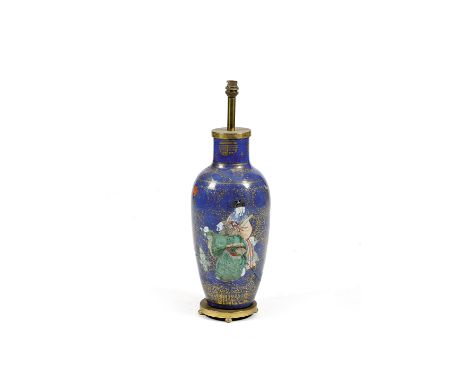 A CHINESE PORCELAIN FAMILLE VERTE BALUSTER VASE TABLE LAMP QING DYNASTY with a powder blue glaze, painted with figures, birds