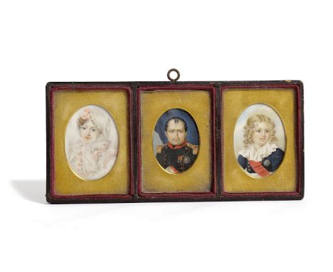 λ NAPOLEON INTEREST. A FRAMED SET OF THREE PORTRAIT MINIATURES MID-19TH CENTURY on ivory, of Napoleon, Marie Louise and Napol