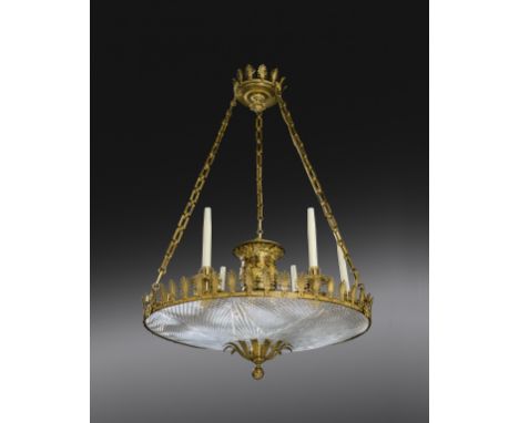 A GEORGE IV ORMOLU AND GLASS SIX-LIGHT DISH LIGHT C.1825 AND LATER the later circular lozenge cut-dish with an urn, decorated