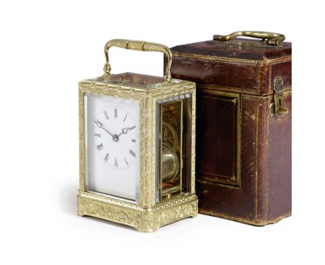 A FRENCH GILT BRASS CARRIAGE CLOCK MID-19TH CENTURY the backplate inscribed 'Lepine a Paris', the brass eight day repeating m