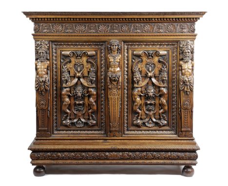 AN ITALIAN WALNUT CREDENZA IN RENAISSANCE STYLE IN THE MANNER OF LUIGI FRULLINI (1839-1897), FLORENCE, C.1880 all over carved