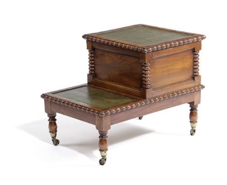 A LATE REGENCY MAHOGANY BEDSTEP EARLY 19TH CENTURY with baton reel and bobbin mouldings, with inset leather treads and a hing