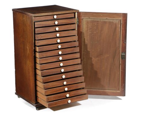 AN EARLY VICTORIAN MAHOGANY COLLECTOR'S CABINET C.1840 the panelled door enclosing fifteen drawers with turned bone handles, 