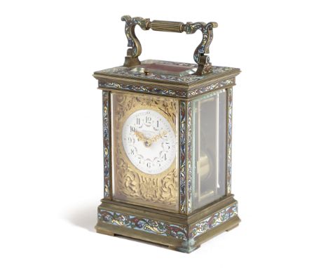 A FRENCH BRASS AND CHAMPLEVE ENAMEL CARRIAGE CLOCK LATE 19TH CENTURY the brass eight day repeating movement with a platform l