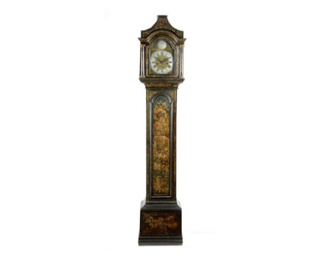 A BLUE JAPANNED LONGCASE CLOCK 18TH CENTURY AND LATER the later brass eight day movement with an anchor escapement striking o