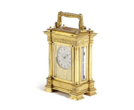 A GEORGE IV GILT BRASS CARRIAGE TIMEPIECE BY GRAYHURST HARVEY &amp; CO, C.1825 the brass chain driven fusee movement with a h