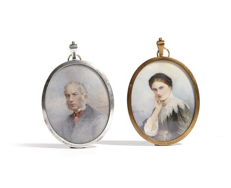 λ A PAIR OF PORTRAIT MINIATURES OF HARVIE FARQUHAR AND LOUISA FARQUHAR MID-19TH CENTURY on ivory, inscribed 'M & E Hall' and 