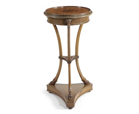 A VICTORIAN MAHOGANY LAMP STAND IN ADAM STYLE, LATE 19TH CENTURY the circular dished top above a fluted frieze and with ram's