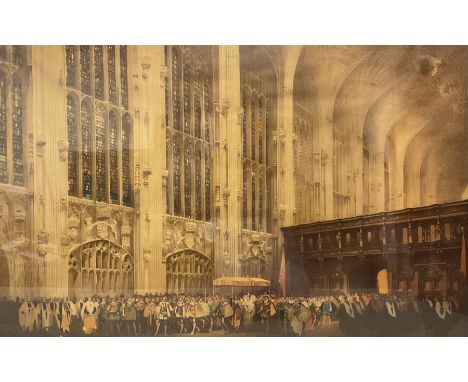 After Fred Taylor (British 1875-1962): 'King's College Chapel (Cambridge) - Queen Elizabeth's Visit 1564', colour lithograph 