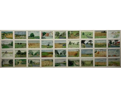 After David Hockney (British 1937-): Yorkshire in Spring, 36 prints framed as one each 9.5cm x 14.5cm overall 151cm x 50cm 