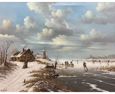 Continental School (20th century): Skating on a Frozen Dutch River, oil on canvas signed 'K Keijzer' 39cm x 50cm 