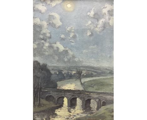 Hurst Balmford (British 1871-1950): 'Grassington Bridge by Moonlight', oil on canvas board unsigned, original title label ver